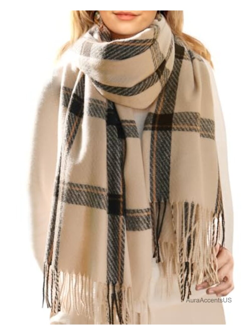 Women's Oversized Plaid Tassel Shawl Wrap Scarf 100% Polyester